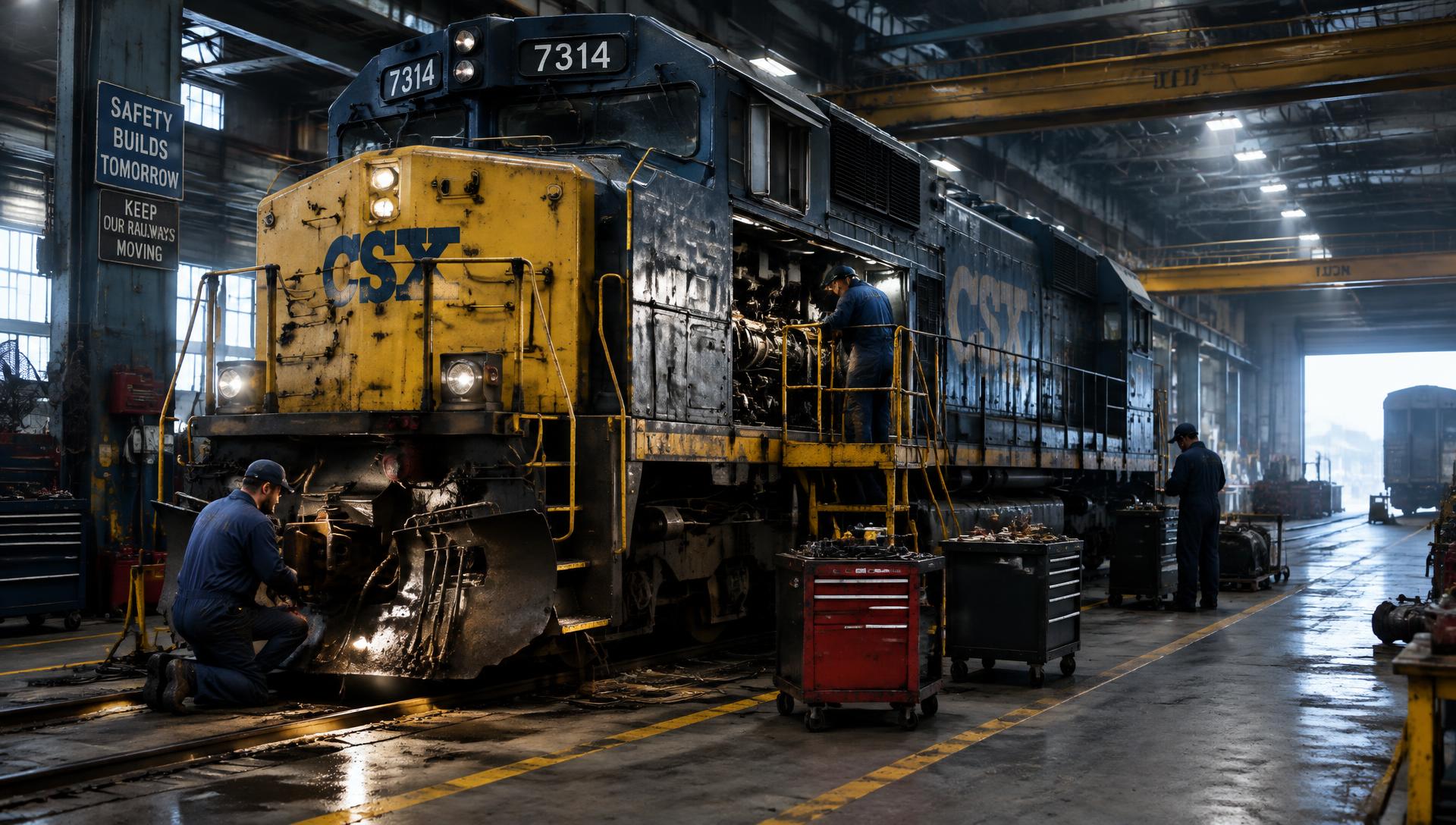 Locomotive engine under repair in a railway workshop
